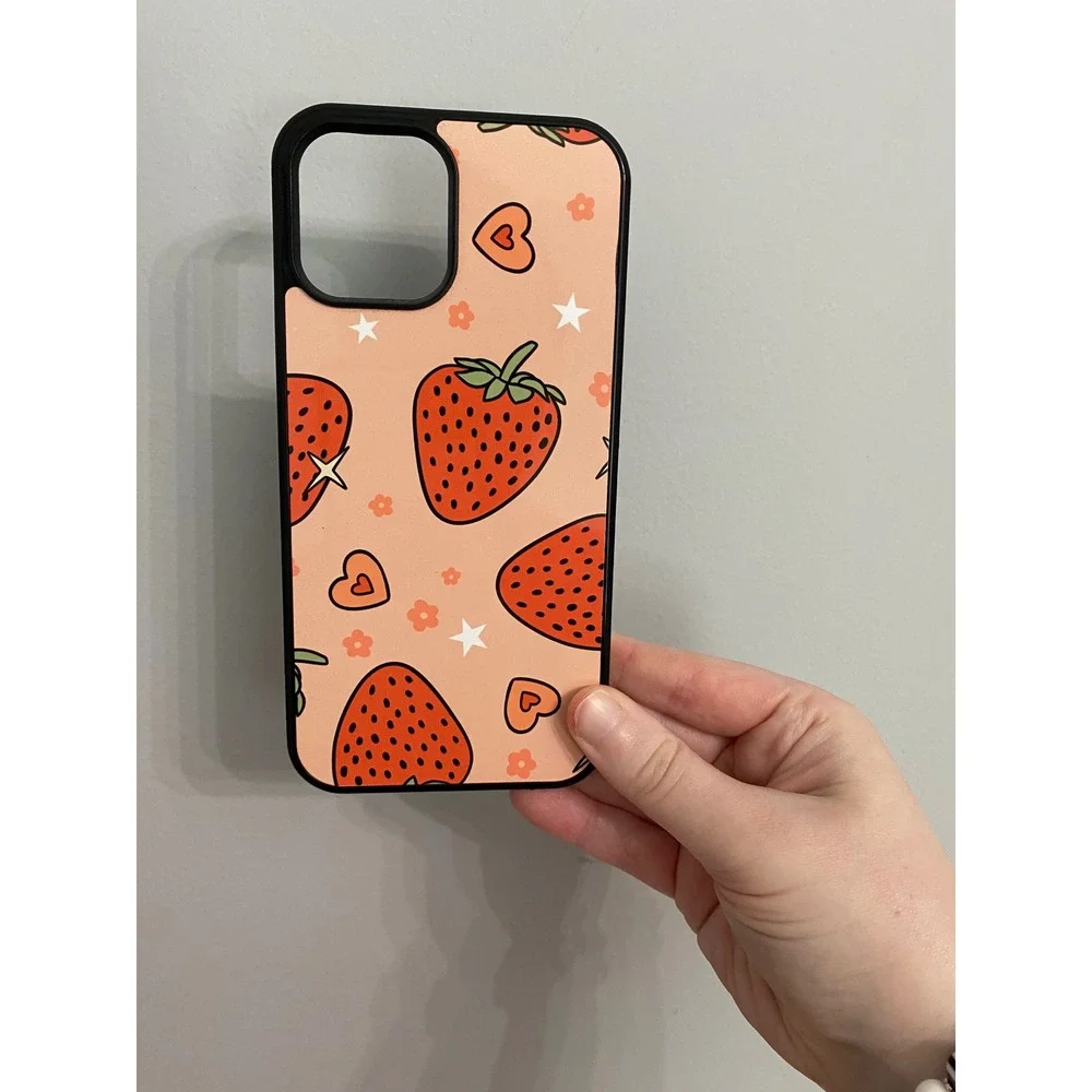 Phone Case iPhone 12 Pro Max Strawberry Fruit Heart Star Pattern Black Edge